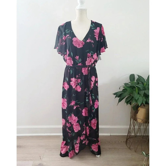 INC International Concepts Pink Black Floral Faux Wrap Midi Flutter Dress 10 M - Picture 2 of 16